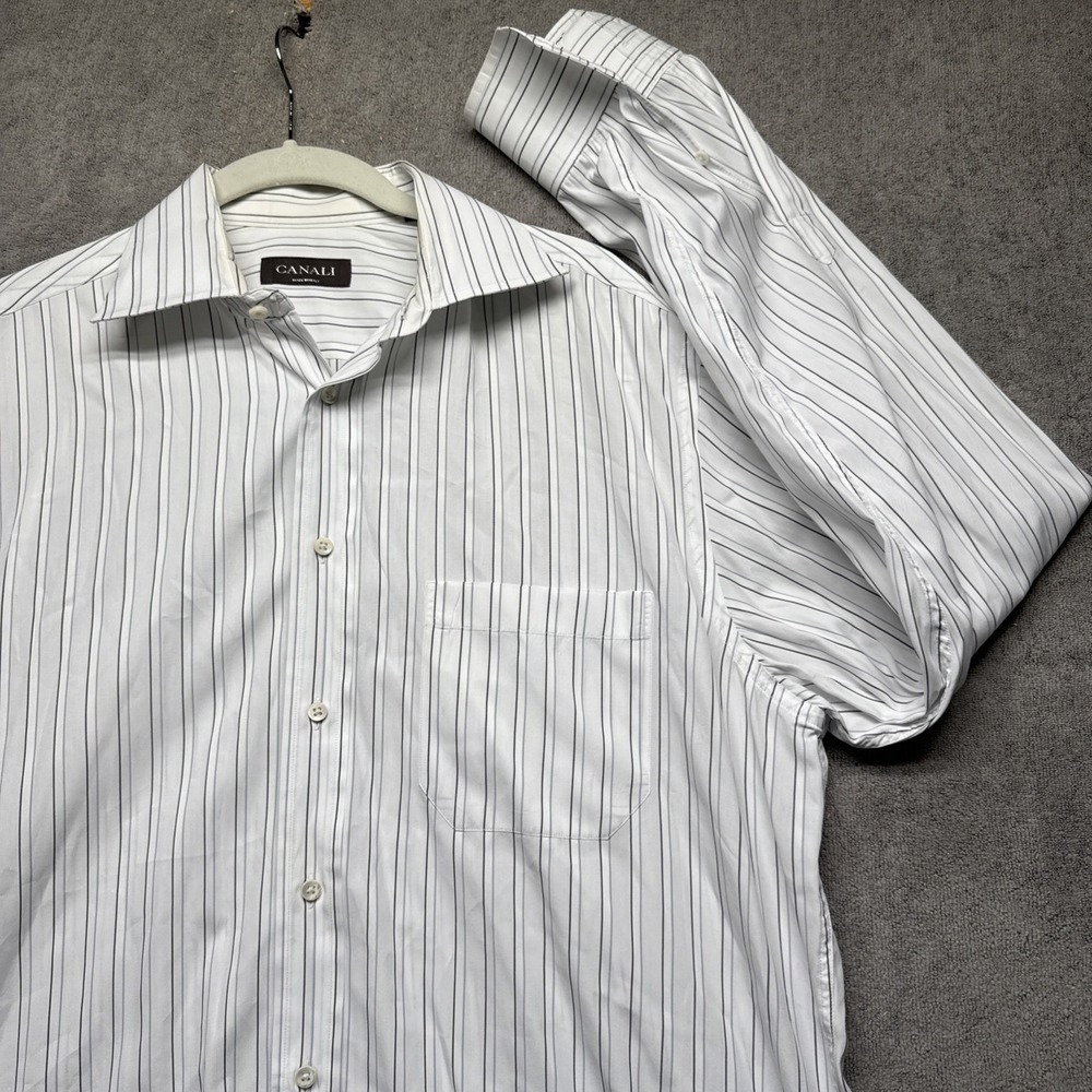 Canali Men's Striped Dress Shirt 16.5 White Blue Button Up Long Sleeve Italy